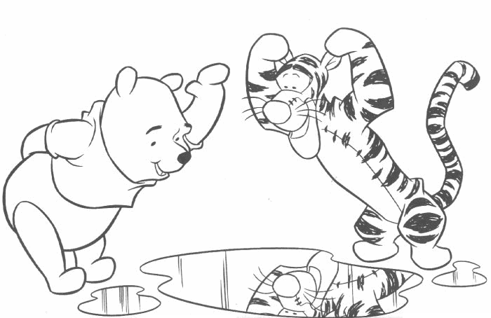 coloriage winnie et tigrou devant une flaque